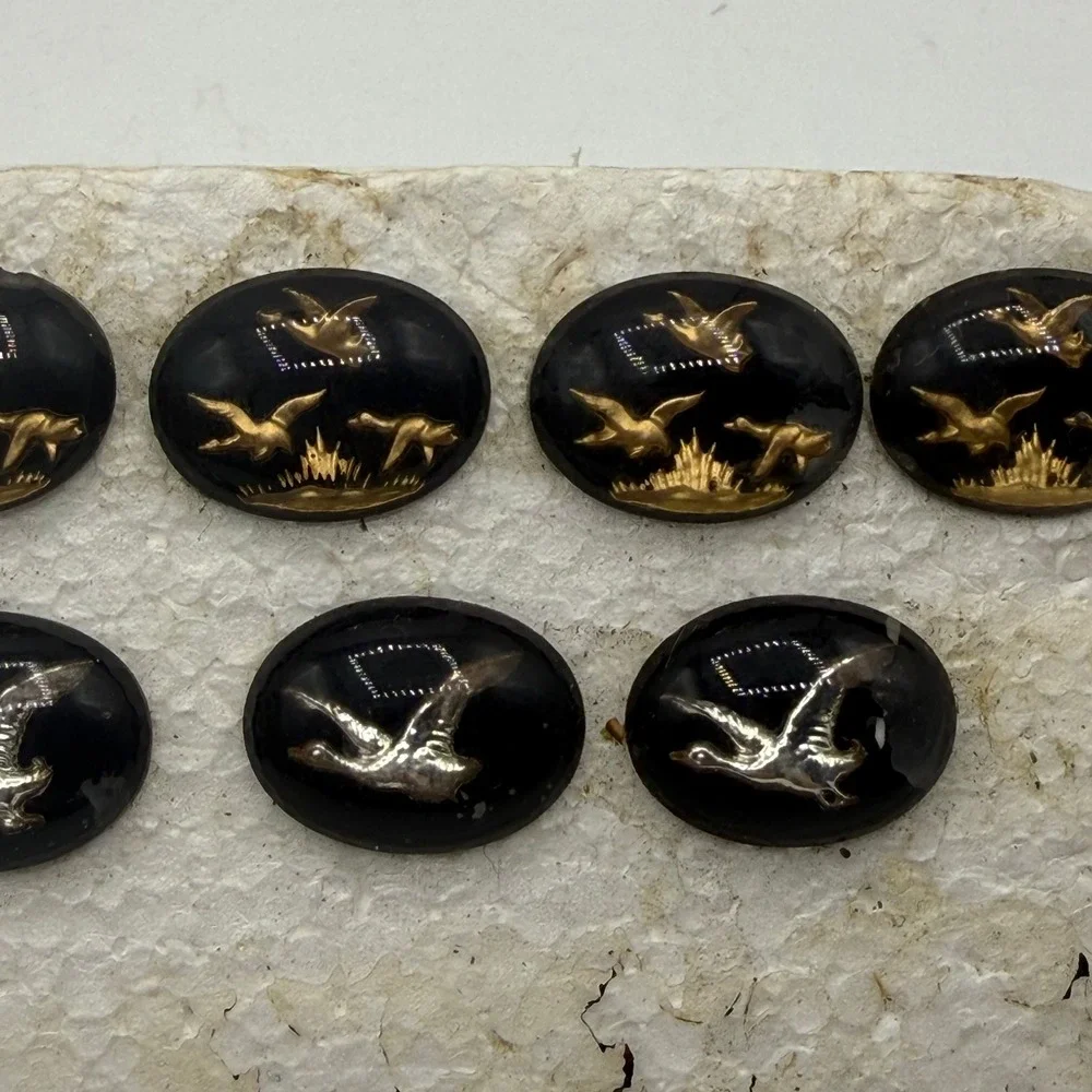 Vintage Glass Cabochons 15pc Black Gold Silver‎ Flying Ducks Birds Oval Lot